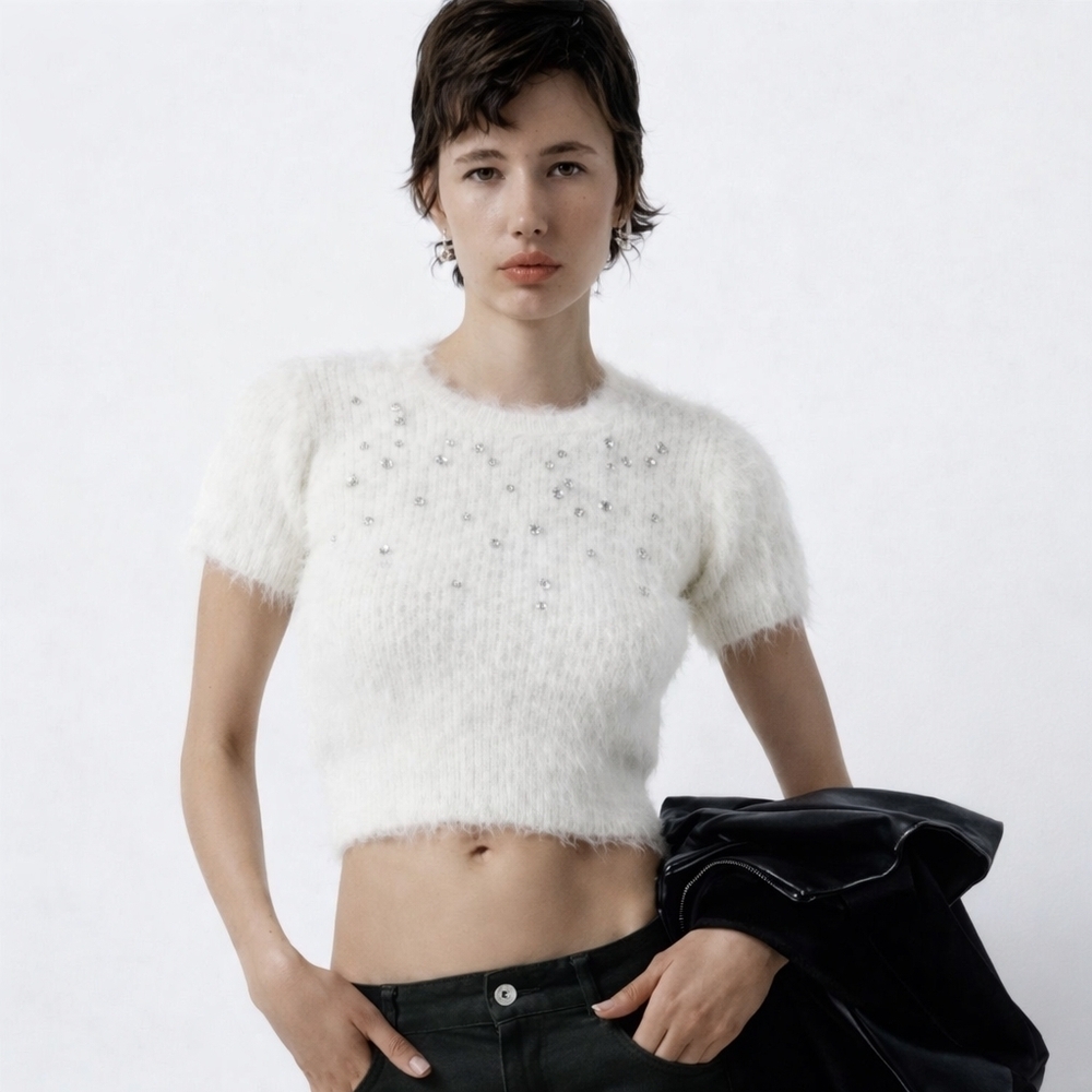 Zara Fuzzy Crop Top Sweater Size S Rhinestone Embellishments White Fitted